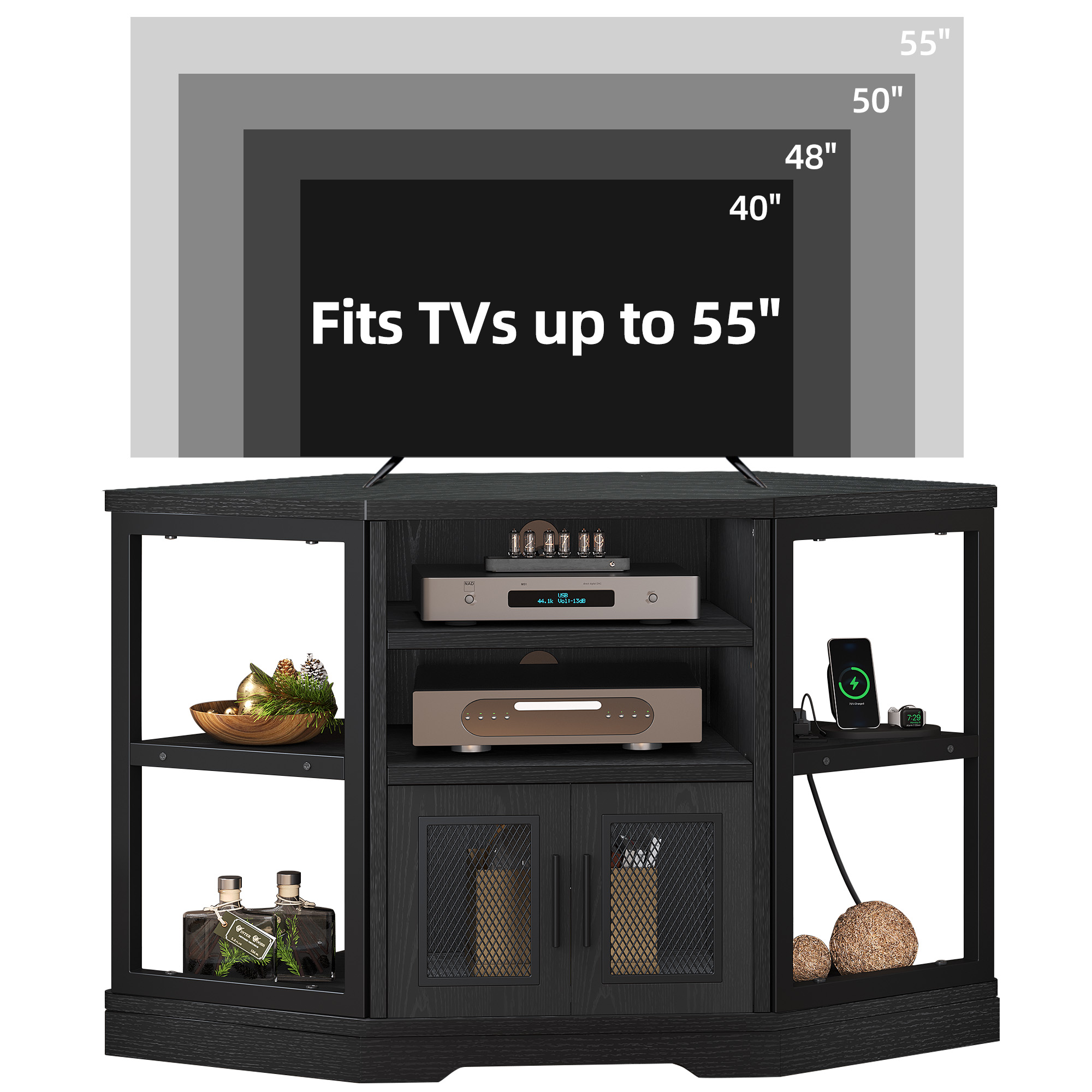 Dextrus Farmhouse Corner TV Stand for 55" TVs, Black photo 5