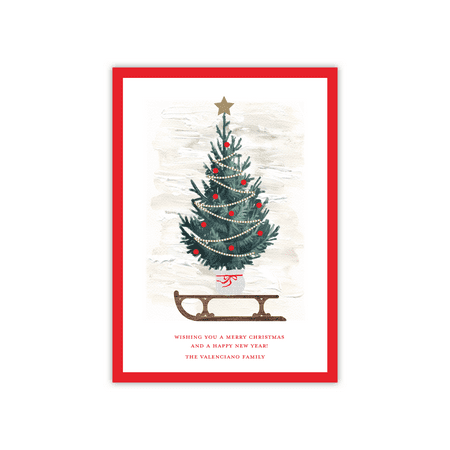 Personalized Holiday Card - Sledding Tree - 5 x 7 Flat