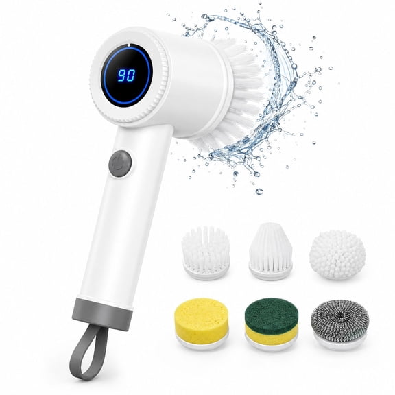 Electric Spin Scrubber, Cordless Shower Scrubber with LED Display, 6 Replaceable Brush Heads, IPX6 Waterproof Power Scrub Brush for Bathroom Tub Tile Sink Cleaning