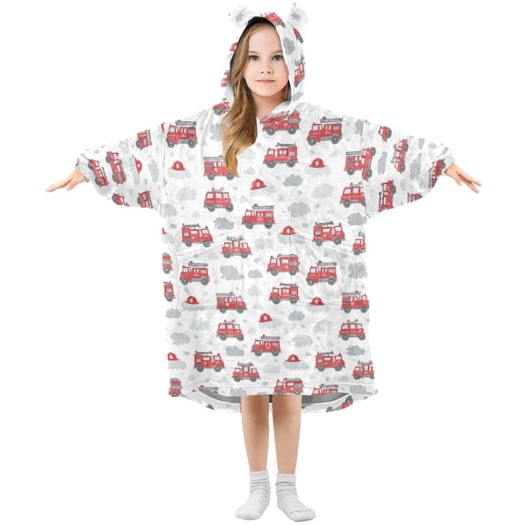 Wearable Blanket Hoodie for Kids Red Fire Truck Flannel Hooded Blanket with Pockets and Sleeves Suitable for Boys and Girls