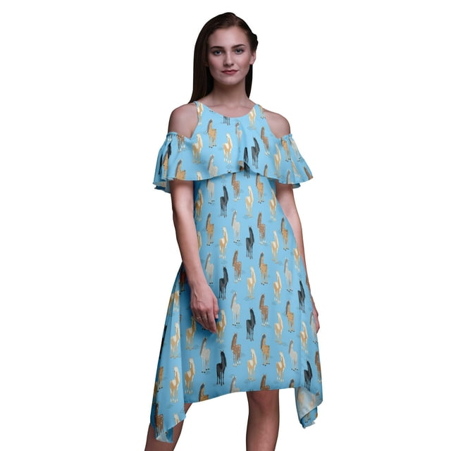 Bimba Animal Printed Womens Ruffle Front Cold Shoulder Swing Shift Dress-X-Large