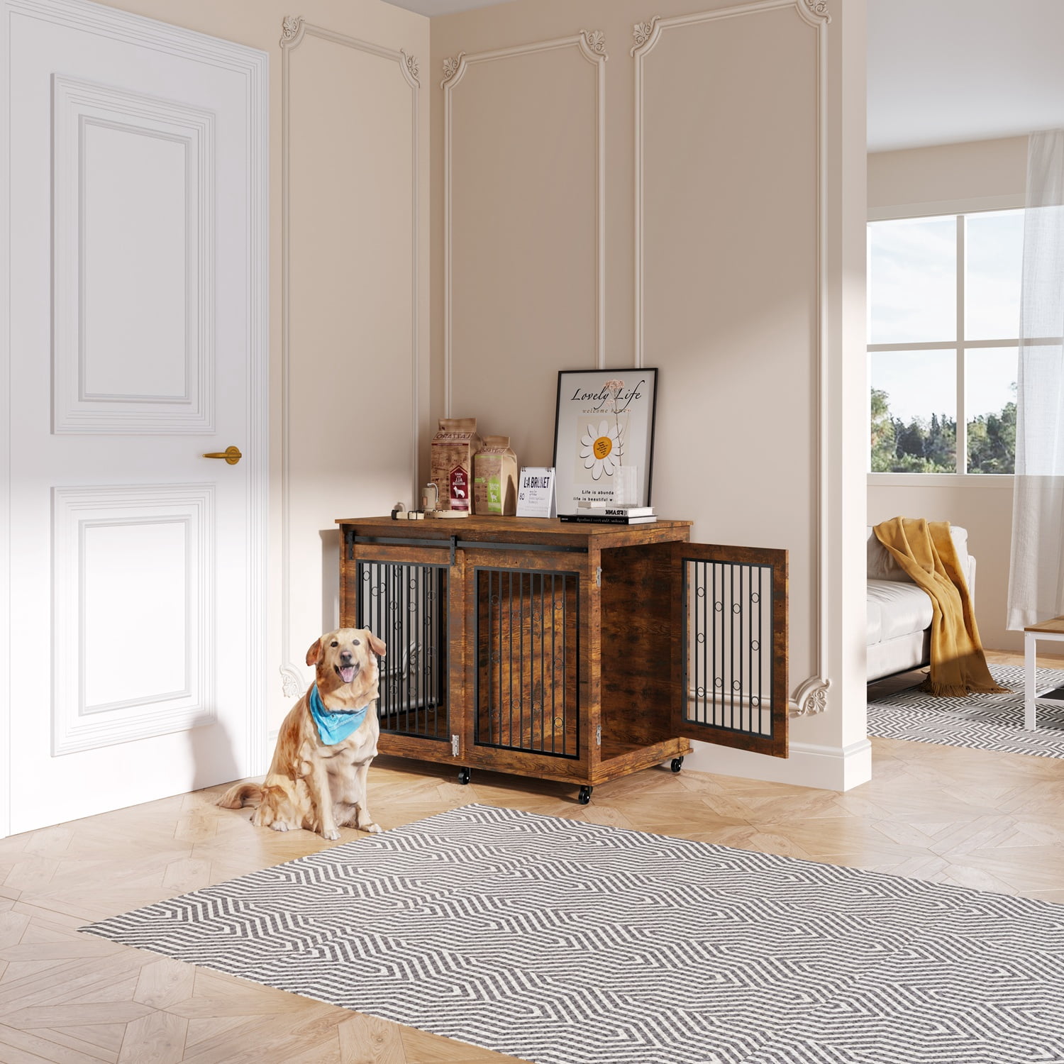 Mulinsonfly 47" Wooden Dog Crate Furniture with Sliding Barn Door, Flip-Top Lid, Lockable Wheels & Removable Divider, Indoor Dog Kennel Table for Small, Medium, Large Breeds