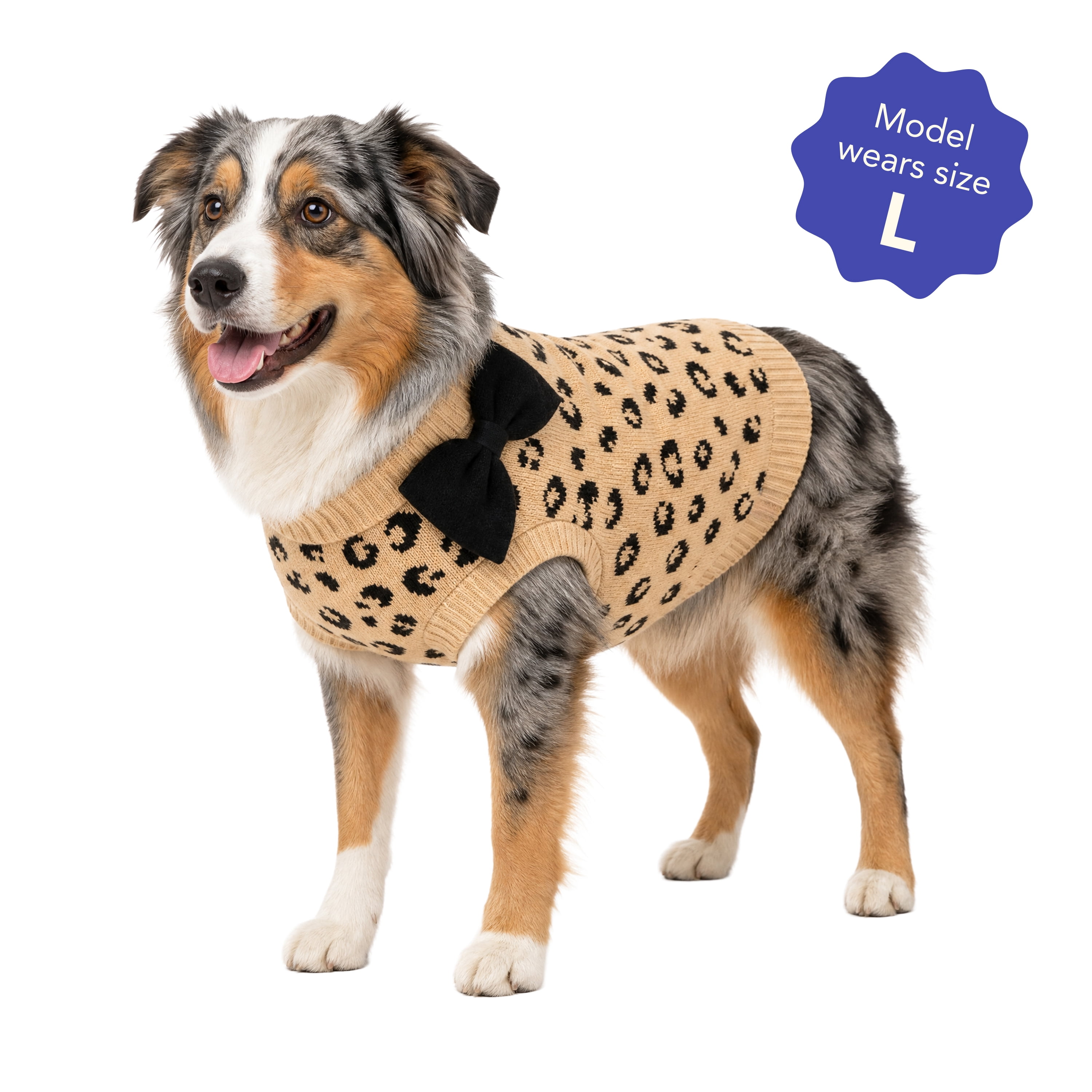 Oodles Leopard Print Bow Fall Dog Sweater, Tan,Large