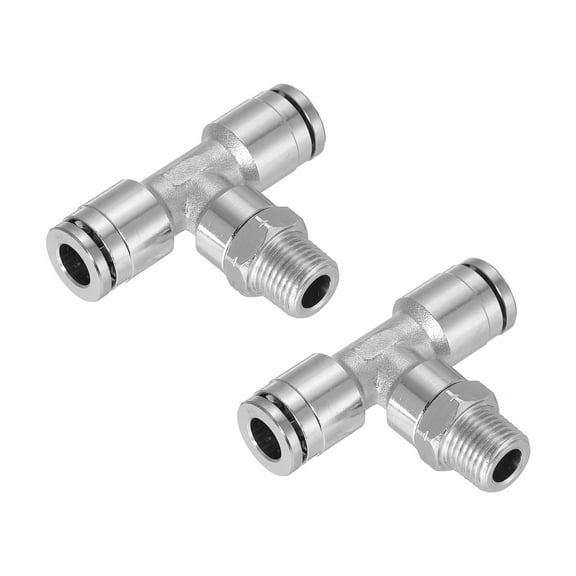 Uxcell 1/4" OD x 1/8" NPT Thread Male Tee Push To Connect Tube Fittings Nickle-Plated, Silver 2Pcs