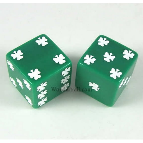 Green Lucky Dice with White Clovers D6 25mm (1in) Pack of 2 Koplow Games