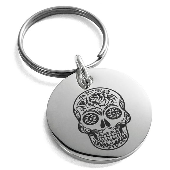 Stainless Steel Day of the Dead Sugar Skull Engraved Small Medallion Circle Charm Keychain Keyring