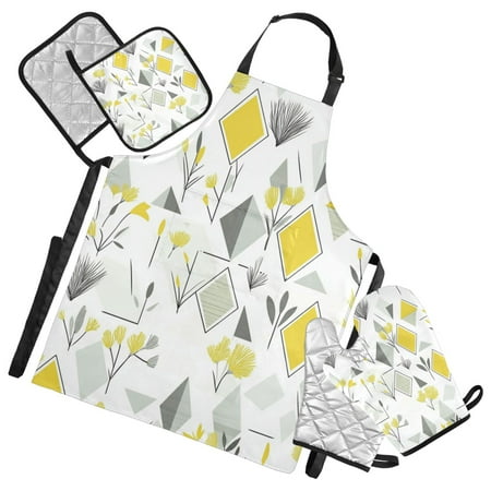 

5-Piece Kitchen Apron Set with Heat-Resistant Gloves & Insulation Mats for Cooking Baking BBQ Yellow and Gray Geometric