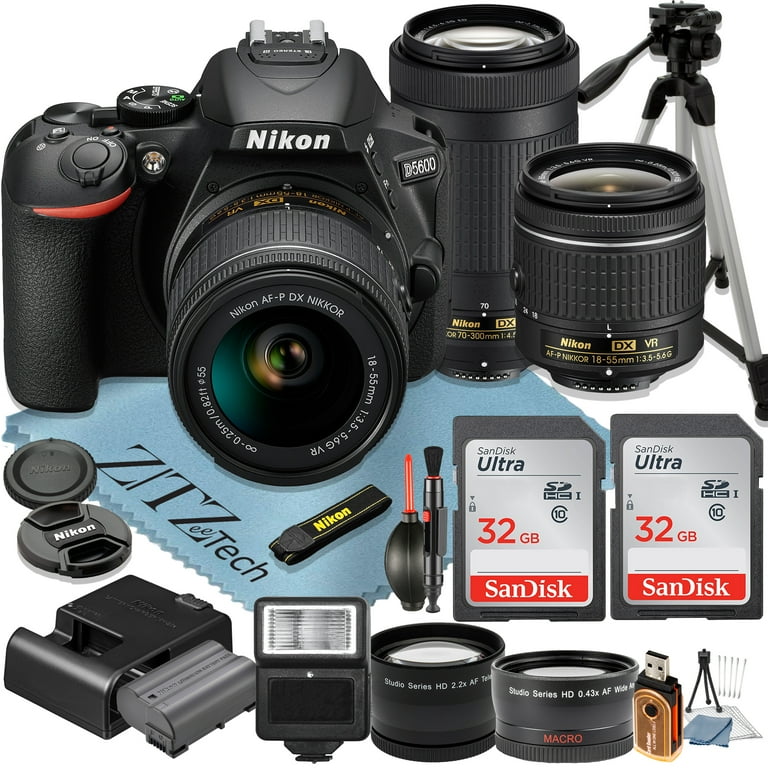 Nikon D5600 24.2MP DSLR Digital Camera with AF-P DX 18-55mm Lens (1576)  Bundle with SanDisk 64GB SD Card + Camera Bag + Filter Kit + Spare Battery  + Telephoto Lens 