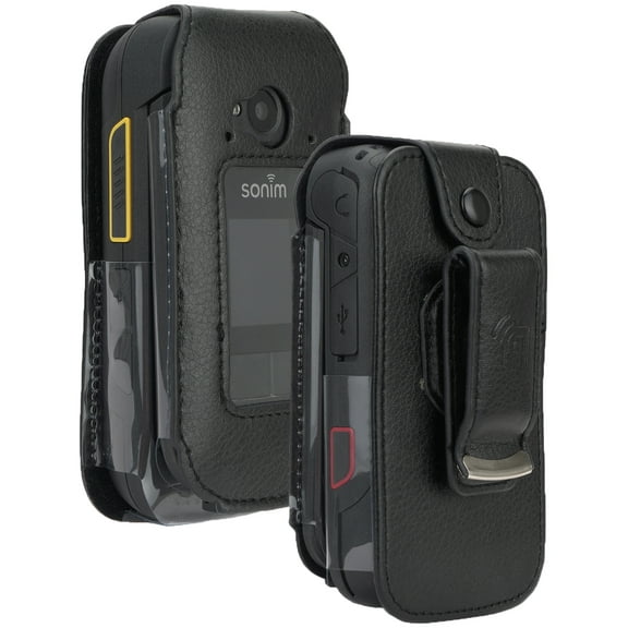 Case for Sonim XP3 Plus 4G Flip Phone, Nakedcellphone [Black Vegan Leather] Form-Fit Cover with [Built-In Screen Protection] and [Metal Belt Clip] for XP3plus XP3900