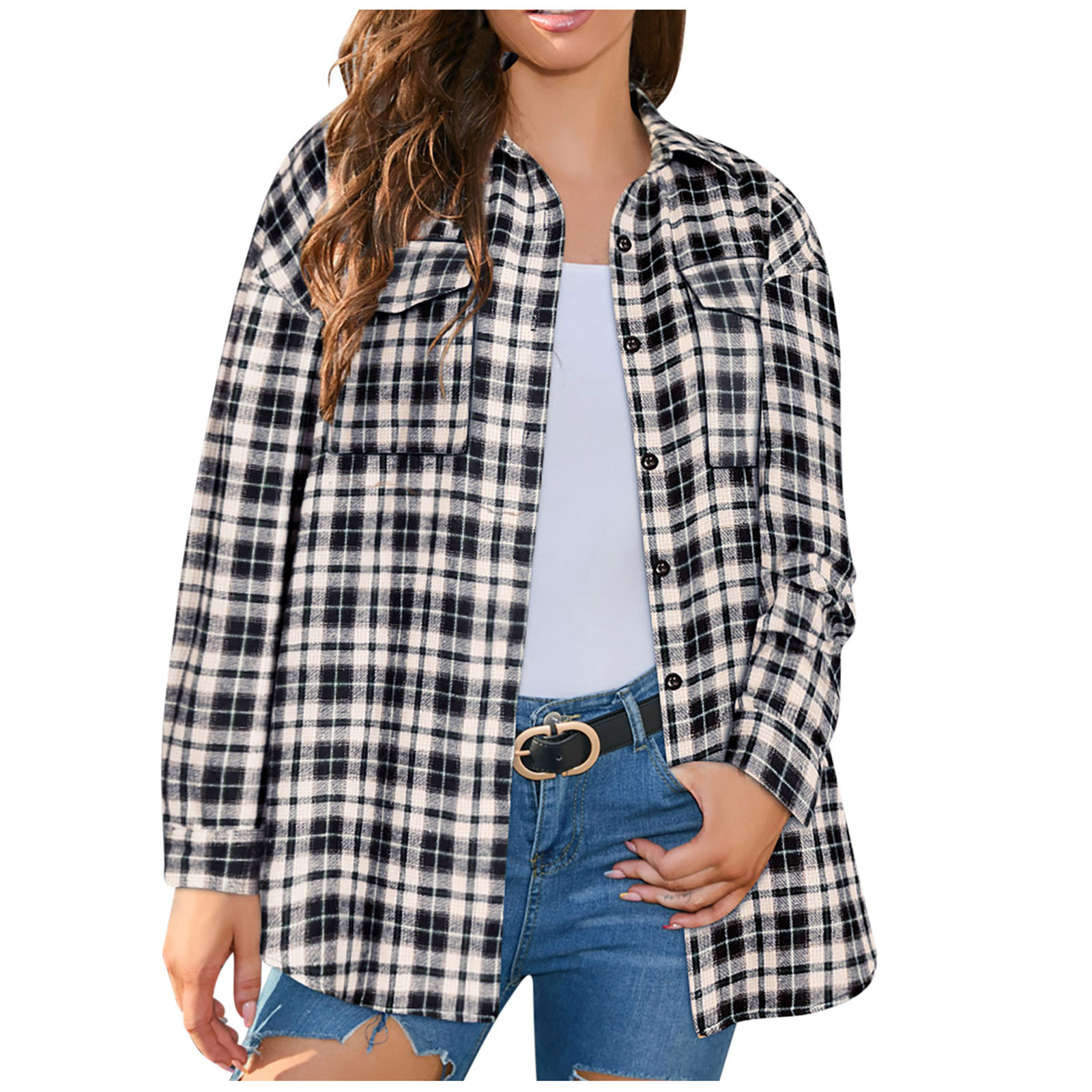 absuyy Jackets for Women Plaid Shacket Button Down Lapel with Pockets ...