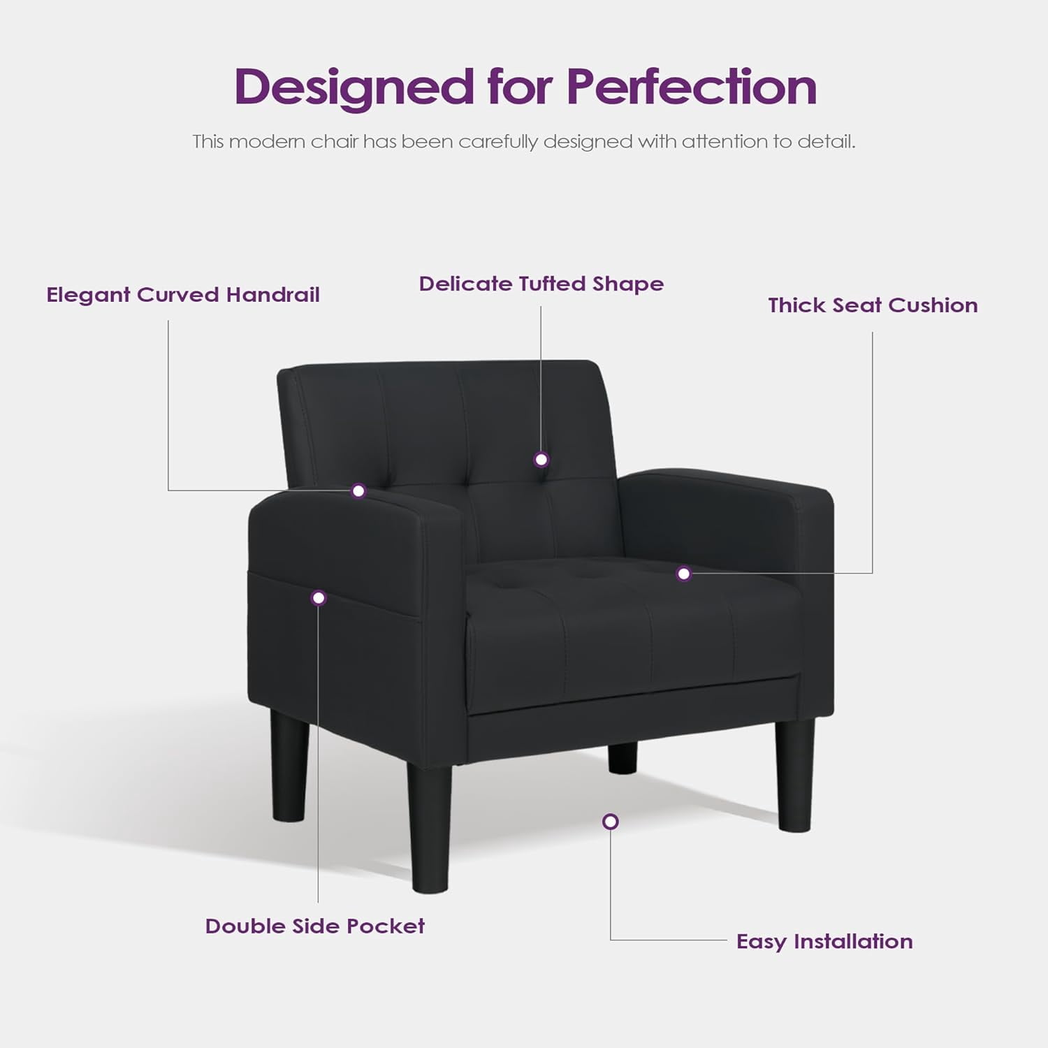 Coewske Faux Leather Modern Accent Chair Tufted Cozy Single Sofa Chair Armchair w/ Side Pocket Black
