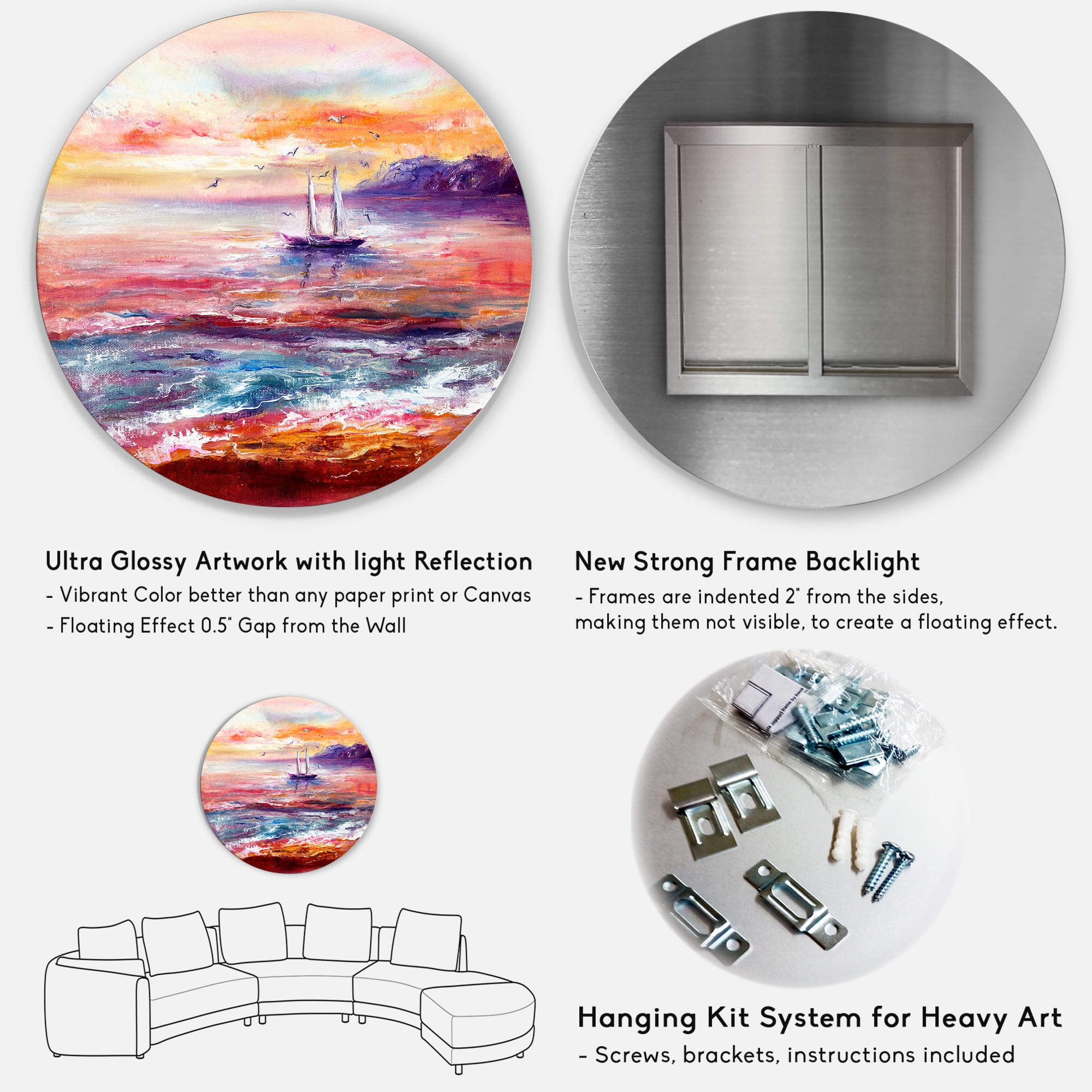 Designart 'Boat On The Ocean During VIbrant Sunset Glow' Nautical & Coastal Circle Metal Wall Art 36x36 - Disc of 36