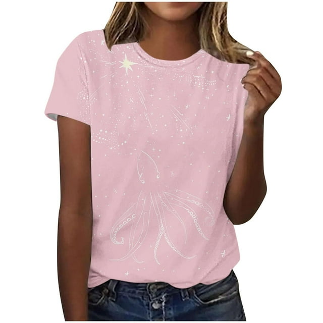 Tops de Ajuste Suelto para las Mujeres Sudadera Casual Impresa Manga Corta Cuello Redondo Superior, Poliéster