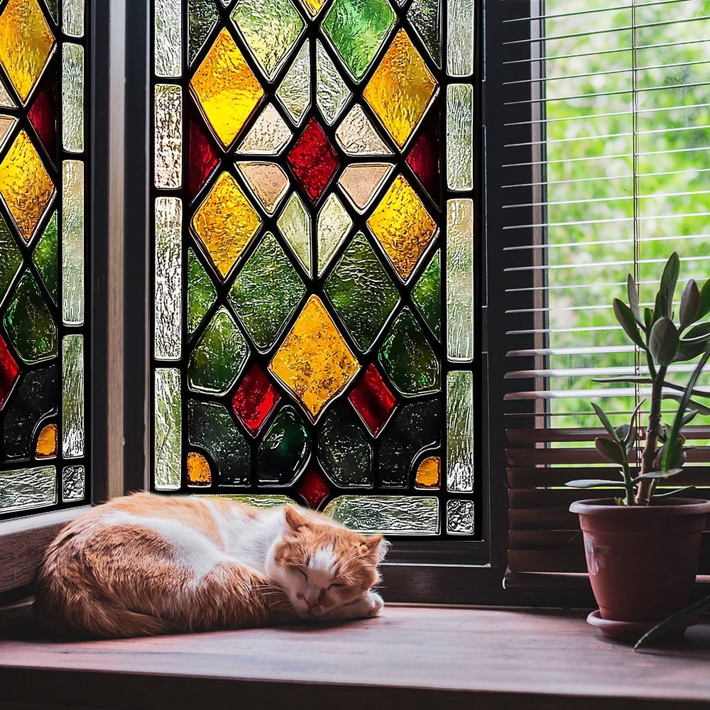 Todaioua Privacy Windows Film European Church Style Stained Glass No Glue Static Cling Decorative Frosted Window Stickers for Home/Office, 11''x34''(38x85cm)