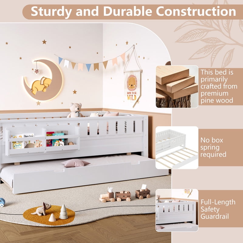 Twin Size Low-Profile Kid's Platform Bed with Built-in Bookshelves & Small Staircase, Wooden Bed Frame with Safety Rails & Trundle
