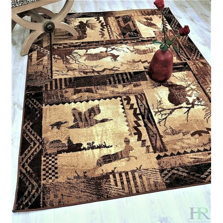 Bunny Rabbit Area Rugs Lodge, Cabin Nature and Animals Area Rug - Nature Pattern Cabin Area Rug - Abstract, Chocolate Brown/Beige-Rabbit/Deer/Moose/Birds ()