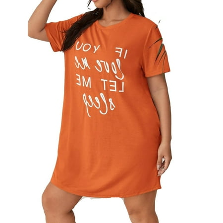 

Casual Slogan Round Neck Sleepshirts Orange Short Sleeve Plus Size Nightgowns & Sleepshirts