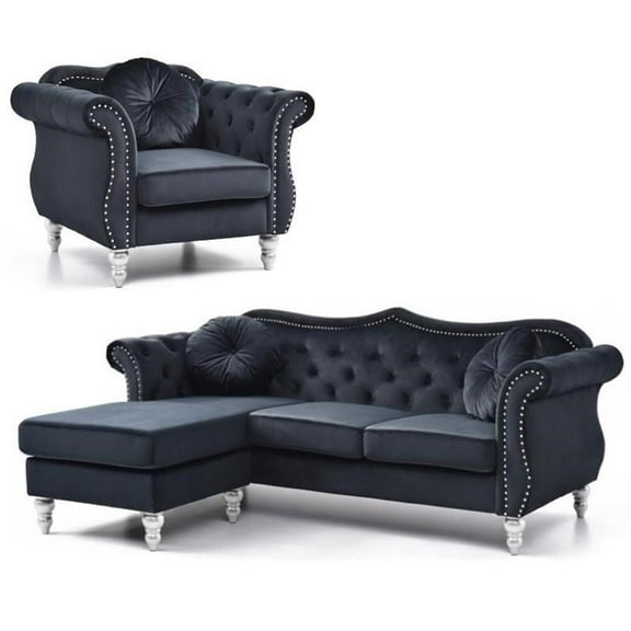 Home Square 2-Piece Furniture Set with Sofa Chaise and Chair in Black