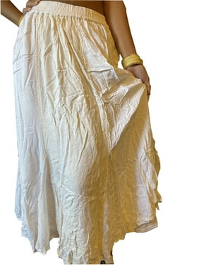 Mogul Women Maxi Skirt, Casual Summer White Embroidered Skirt, Bohemian BEACH Long Skirts ML