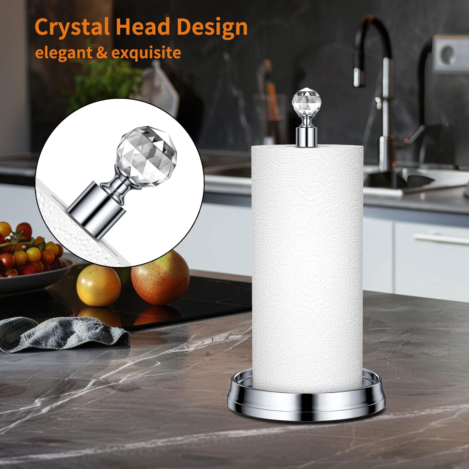 Crystal Ball Paper Towel Holder - Steel Stand For Countertops & Tables  Fits Standard Rolls Polished Chrome
