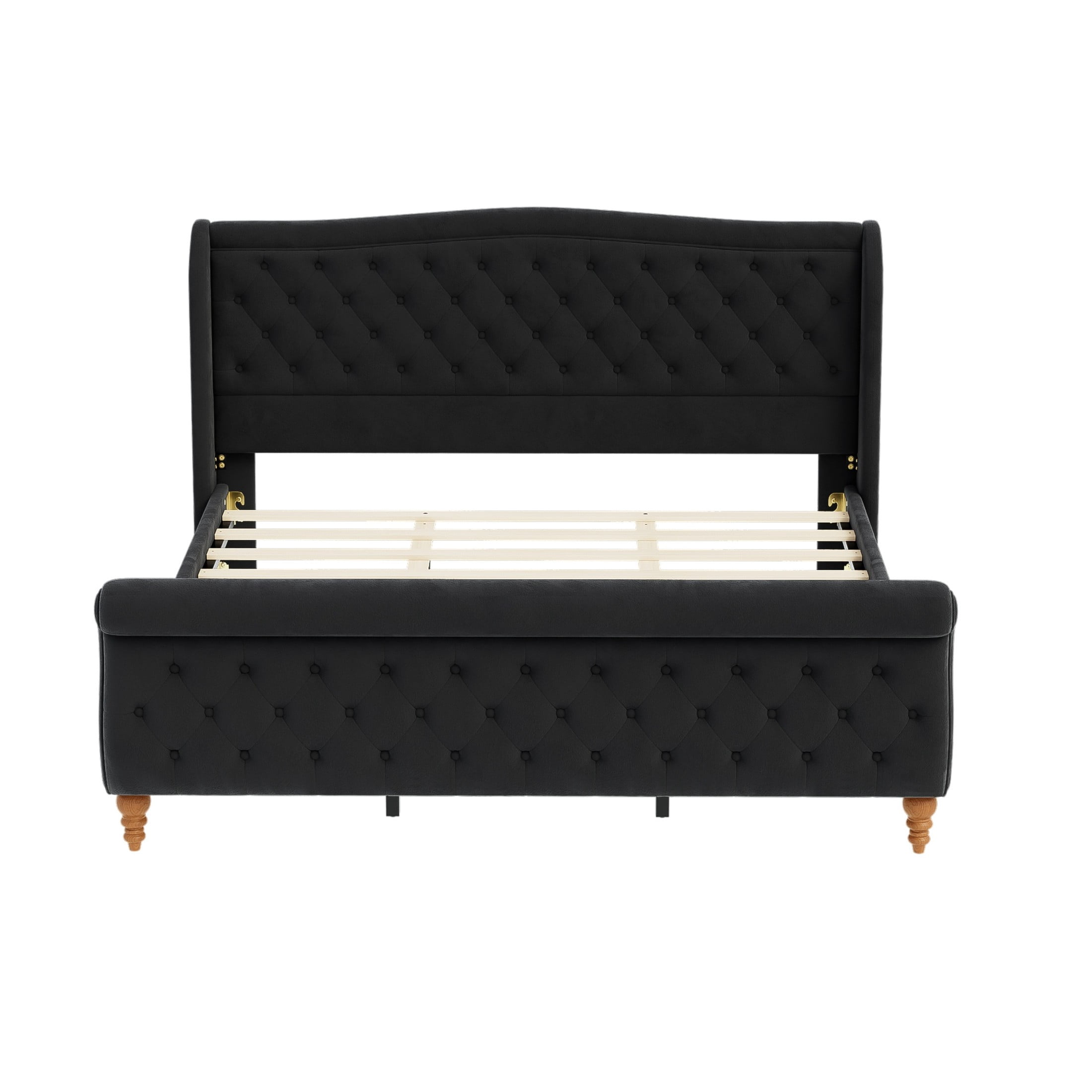 GDF Studio Orlan King Size Velvet Upholstered Sleigh Platform Bed Frame with Wood Slat Support, Modern Design, Black