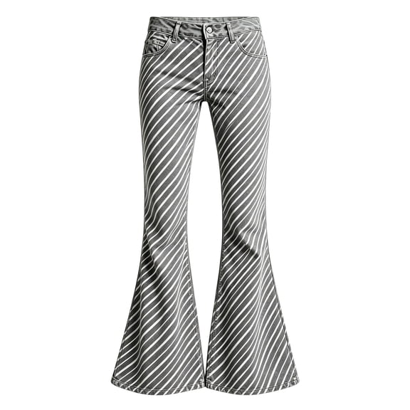 CONZONE Flared Pants for Little Girls Striped Print Girls Bootcut Pants Mid Waist Trendy Fall School Trousers with Pockets Size 5-6 Years