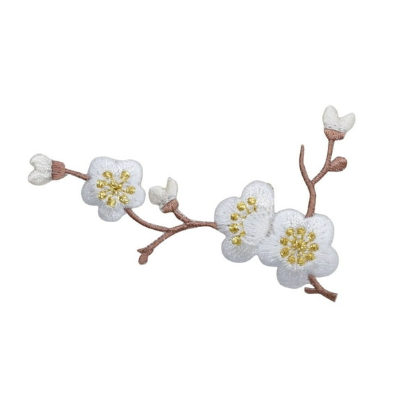 Cherry Blossom - WHITE Flowers - Brown Stem - LEFT - Iron on Applique - Embroidered Patch
