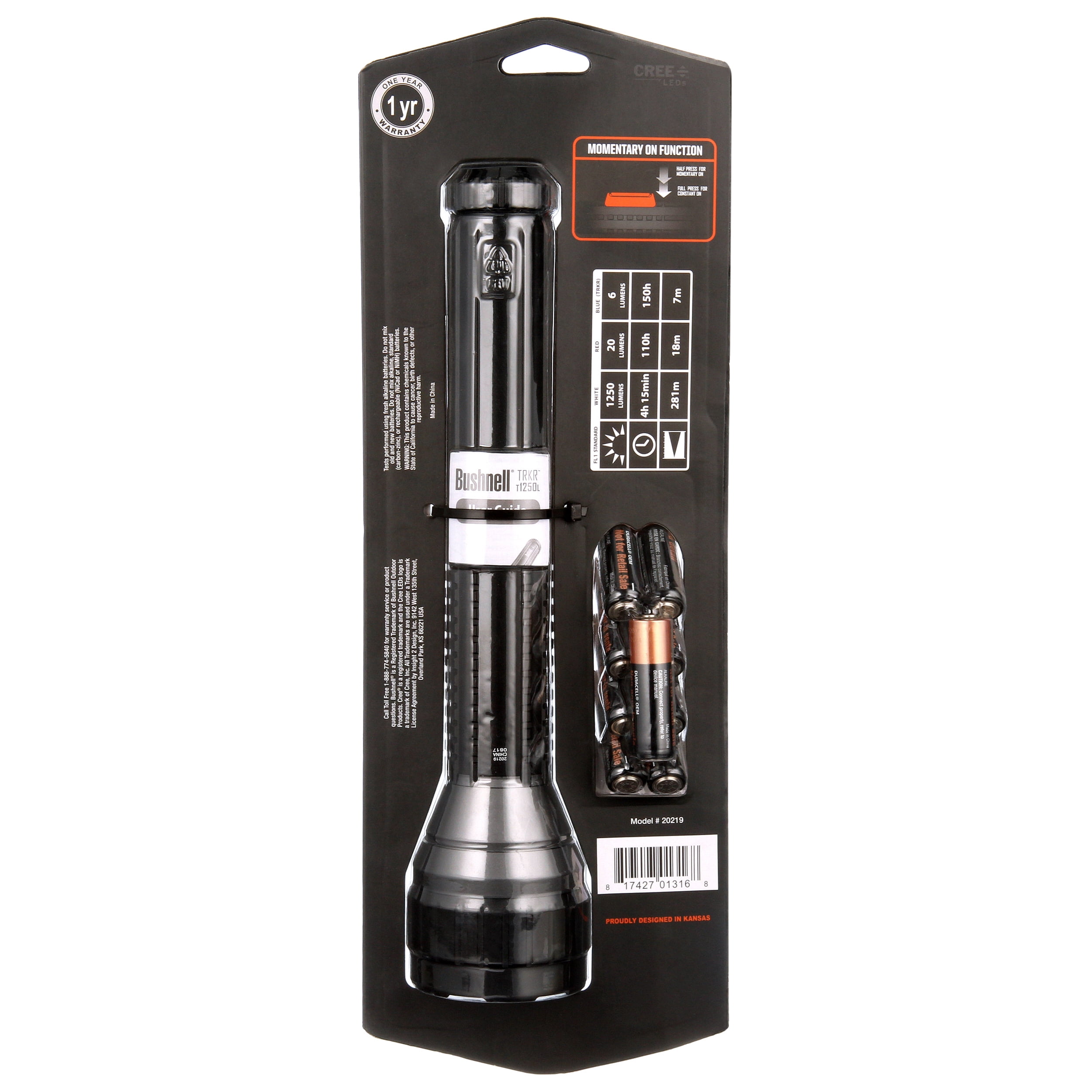 Bushnell® TRKR 1250 Lumen Multi-Color Handheld LED Flashlight (9 AA Batteries Included)