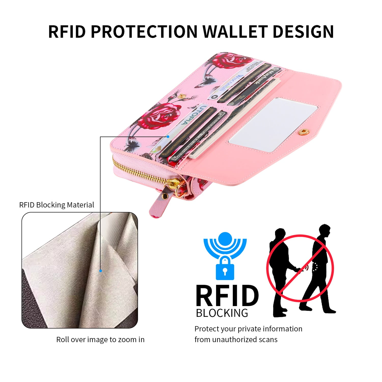 SaniMore Magnetic Detachable Wallet Case for Samsung Galaxy S22 Ultra, Flower Pattern RFID Blocking Cover Support Wireless Charging Card Slot Shoulder & Wrist Strap 360° Full Protective Shell, Pink