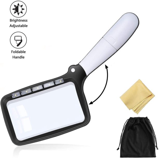 Lupa plegable de mano 5 LED, 2 modos de atenuación, lectura de aumento 2x