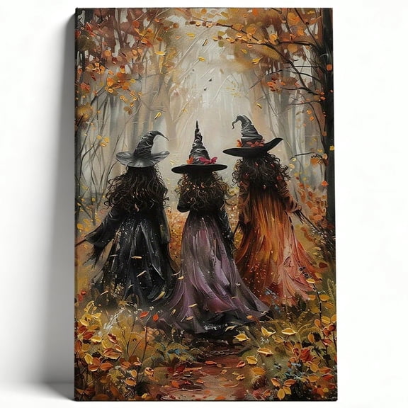 Three Witches in Autumn Forest Canvas Wall Art Halloween Sisters Painting Poster Gothic Cottagecore Decor Living Room Bedroom Print Ready to Hang 8*12