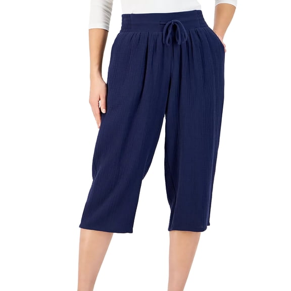 Outfmvch Flowy Pants Flowy Pants for Women Petite High Waist Drawstring Loose Flowy Pants Capri Pants with Lace Side Cotton Linen Pants Palazzo Pants Women High Waisted Wide Leg Blue 1 S-2XL