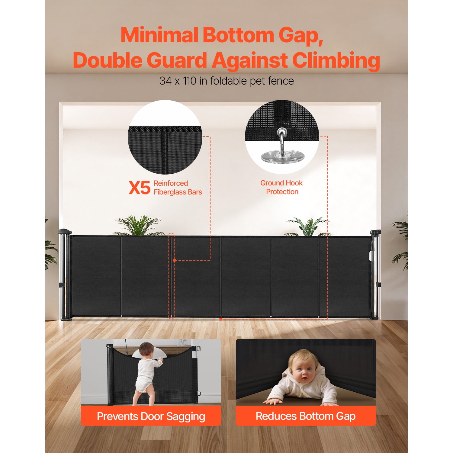 KFFKFF Retractable, Simple Installation for Indoor Baby Gate, 34-Inch Height, Expands Up to 110 Inches Wide, Black