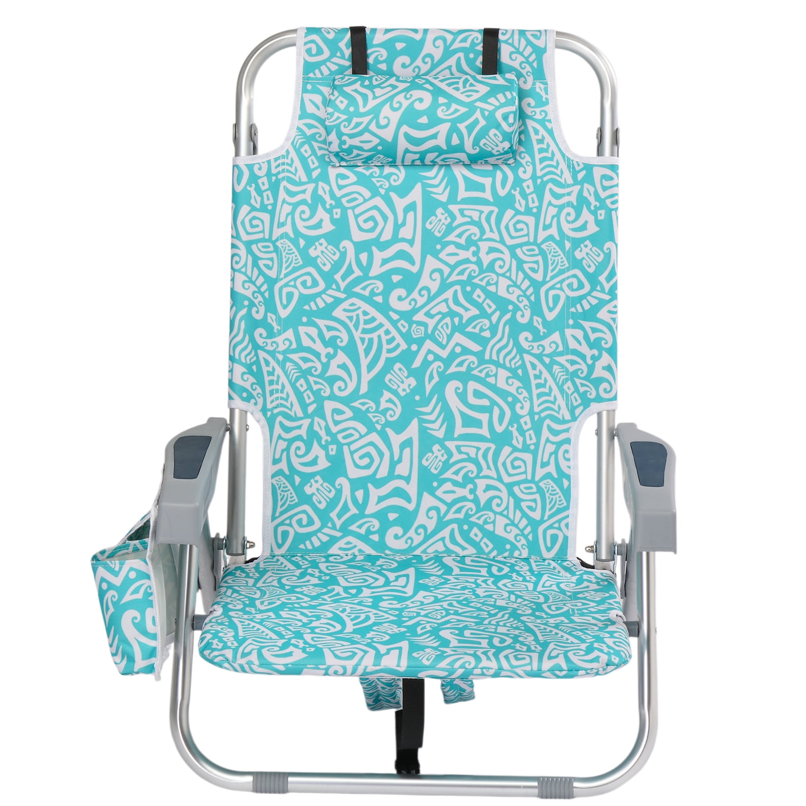 Folding Beach Chair with 5-Position Adjustable Backrest, Lightweight Aluminum Frame, Cup Holder & Storage Pouch, Portable Outdoor Chair for Camping Picnic Backyard