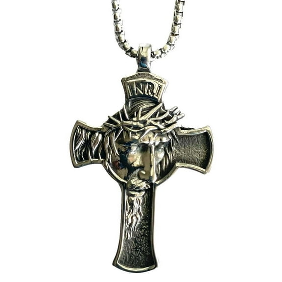 DEZILOO Men's Stainless Steel Jesus Christ Face Cross Crucifix Pendant Necklace