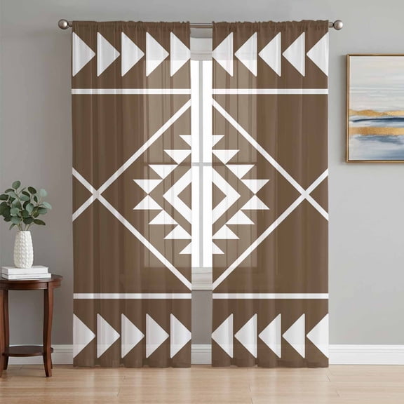 Sheer Curtain Panels Brown Bohemian Geometric Rod Pocket Voile Window Curtains Boho Tribal Arrows Window Treatments Ligh Filtering Privacy Curtain Drapes for Bedroom Living Room 2 Panel Set 63 Inch