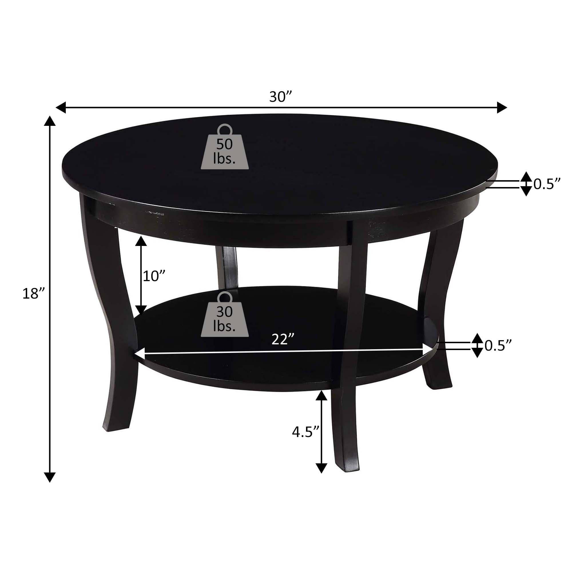 Convenience Concepts American Heritage Round Coffee Table with Shelf, Driftwood/White Wood Finish