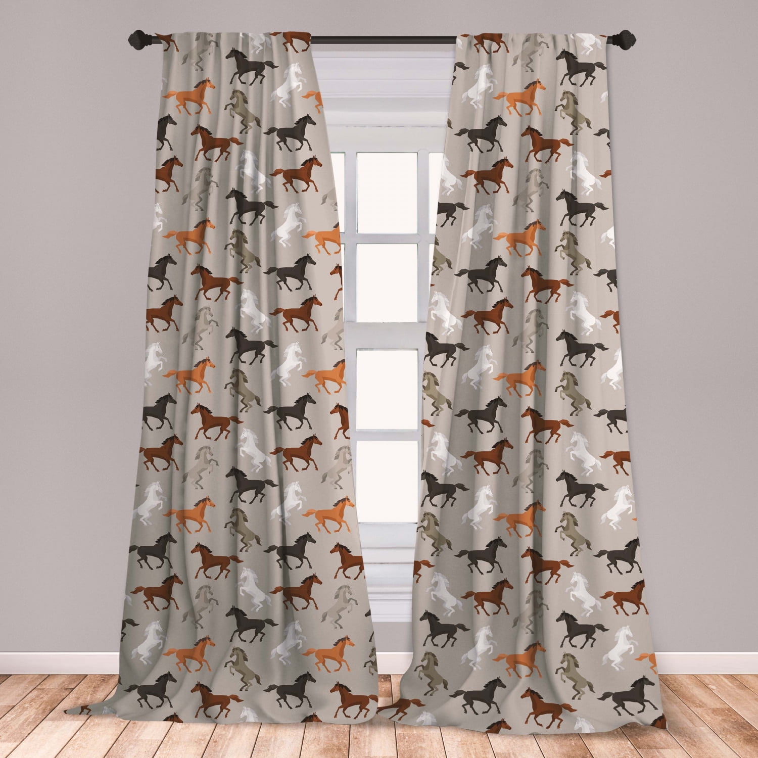 Horses Curtains 2 Panels Set, Abstract Stallions Simple DesignAnimals Galloping Curvet