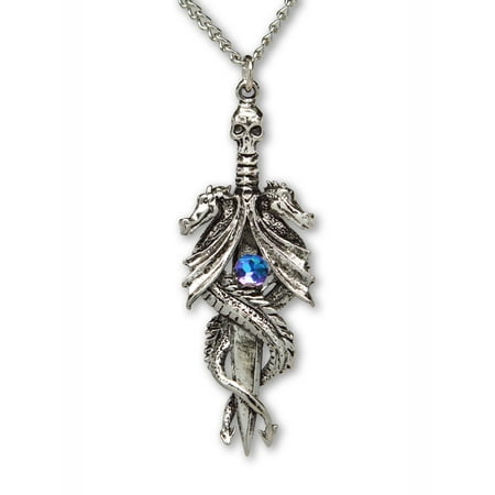 - Double Dragon Sword with Blue Crystal Pendant Necklace by Real Metal Jewelry