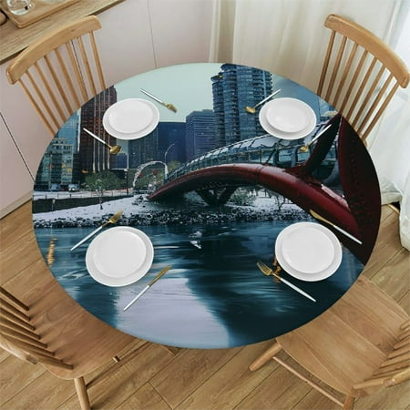 

Fitted Round Tablecloth Waterproof Round Picnic Tablecloth Spandex Stretch Elastic Fitted Table Covers Resistant Washable Dining Table Protector for Indoor Outdoor Picnic Party