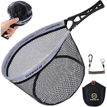 THKFISH Fly Fishing Landing Net Foldable Landing Trout Net with ABS Handle Rubber Coated Mesh Trout Net with Tackle Bag for Trout Bass Catch and Release Portable Fly Fishing Gear M/L