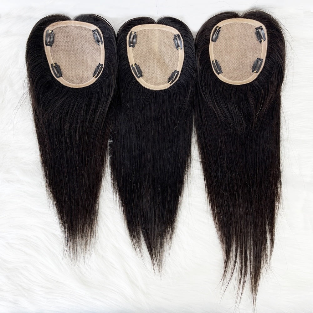 Hair Toppers for Women, Real Human Hair 15×17cm Silk Base Clip in Hair Pieces Natural Black Center Part Straight Hair Pieces for Thin Hair Daily Use