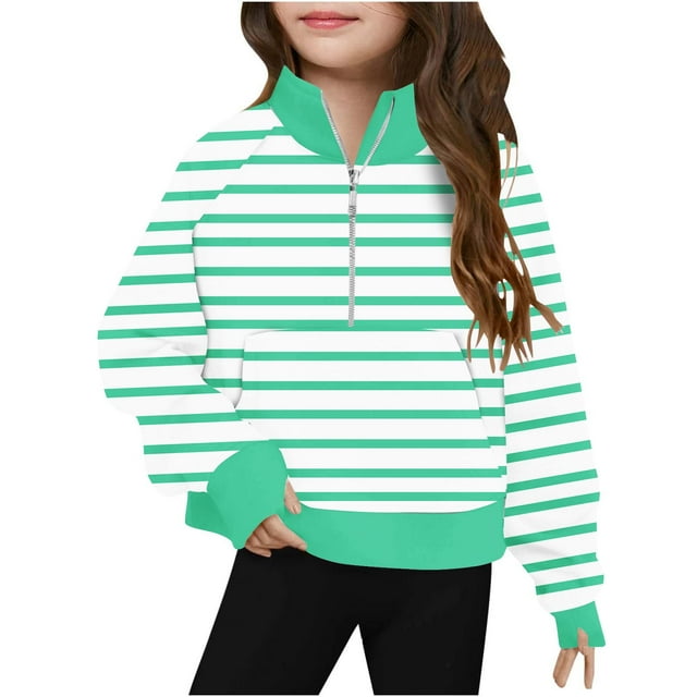 Jgppe Girls Sweatshirt Half Zip Color Block with Thumb Hole Long Sleeve Tops Pocket Fall Winter 5-14 Years