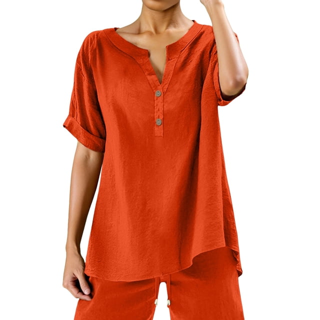 Womens Loose Buttons Down Blouse Tops Solid Casual Short Sleeve Shirt Blouse