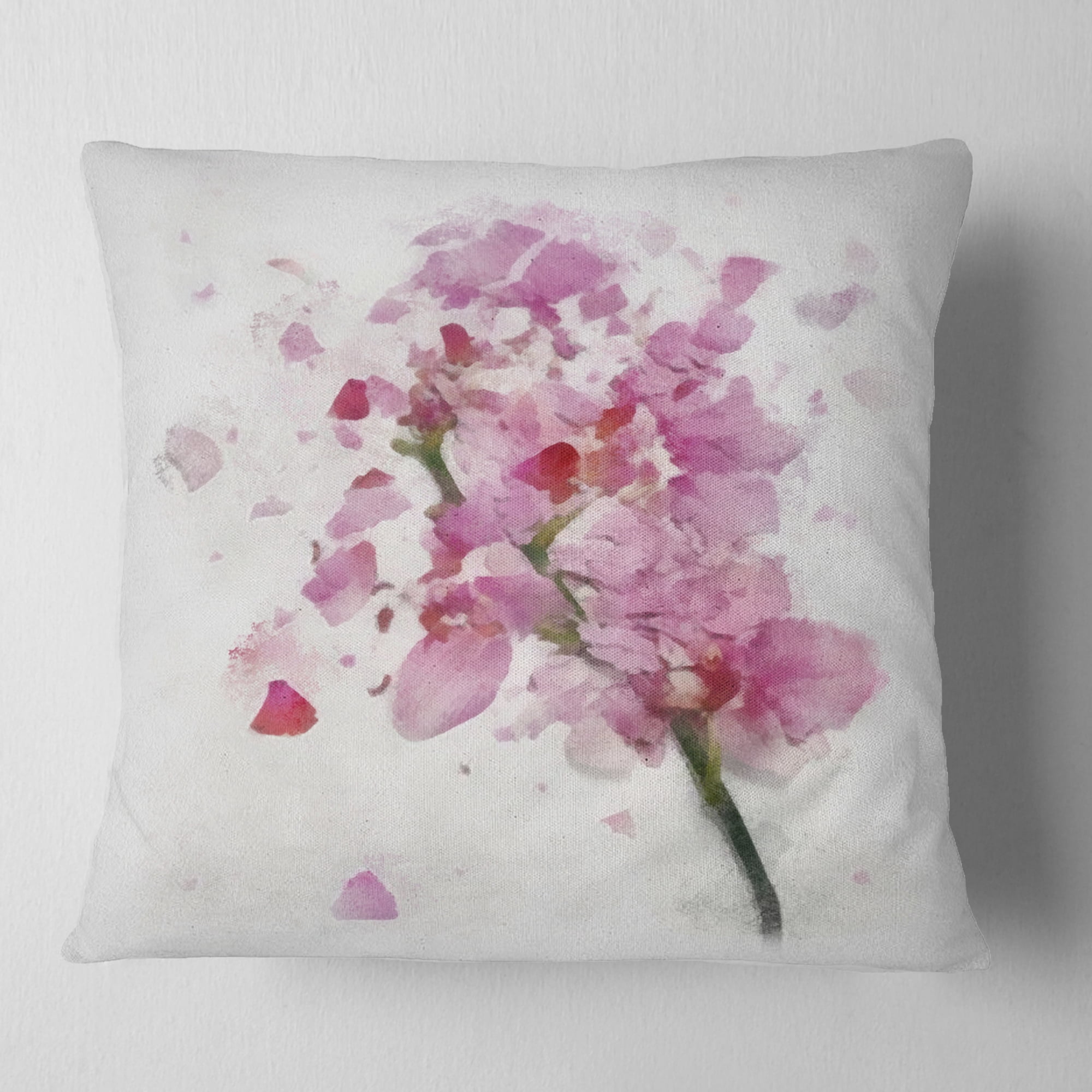 Designart Pink Flower with Falling Petals - Floral Throw Pillow - 18x18