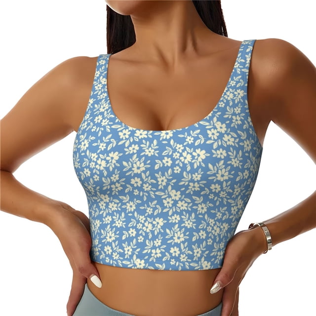 Fotbe Floral Retro Style Sujetador Deportivo Largo sin Aros para Mujer con Almohadillas y Soporte Medio, Transpirable y Absorbente, Camiseta Tipo Chaleco o Tank Top-Medium