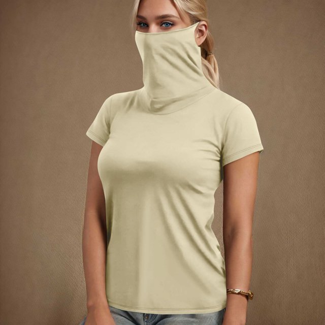 Clearance under 10!Sevevn Women's Summer Casual Solid Color Short Sleeve Solid Color Face Mask For Sun Protection Lightweight Tops Summer Clearance Beige M