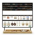 thumbnail image 3 of Earring Holder Organizer, Earring Hanger Rack Display Stand, Metal Jewelry Tower, Dangle and Hoop Earring Stand, 144 Holes with Wooden Base Tray for Jewelries and Accessories, Black, 3 of 8