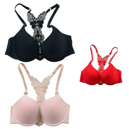 

3 Pack Women s Lace-Splashed Racerback Underwire Push-up Bra with Front Closure
