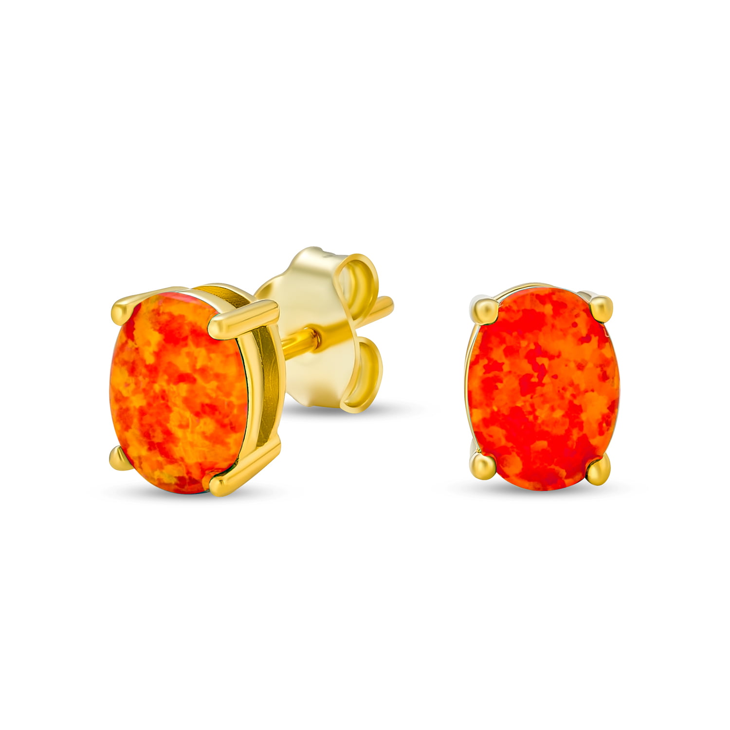 Orange Mexican Fire Created Opal Solitaire Stud Earrings 14K Gold Plated  Sterling Silver 7MM October Birthstone